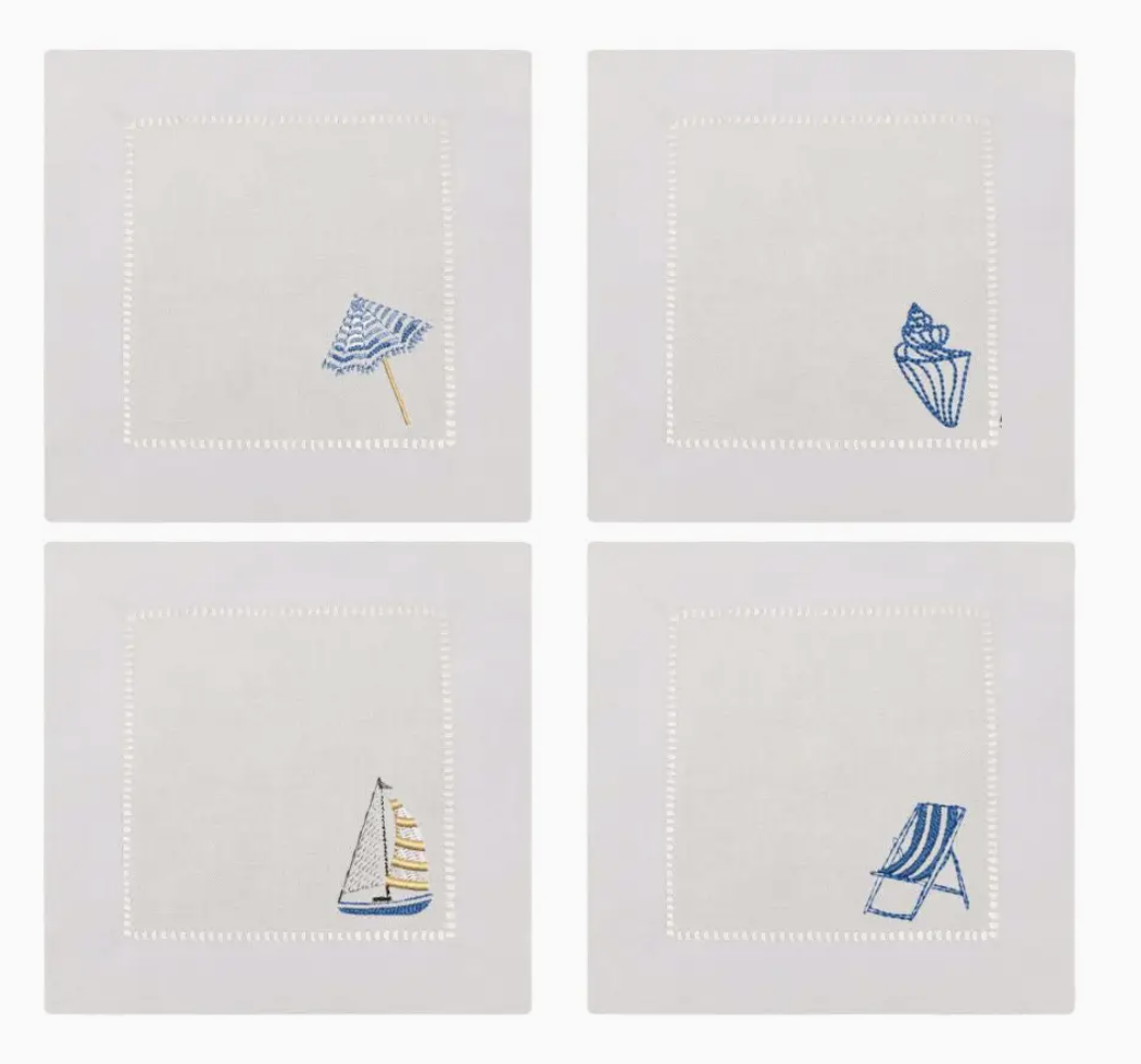 Beach Set-  Embroidered Linen Cocktail Napkins