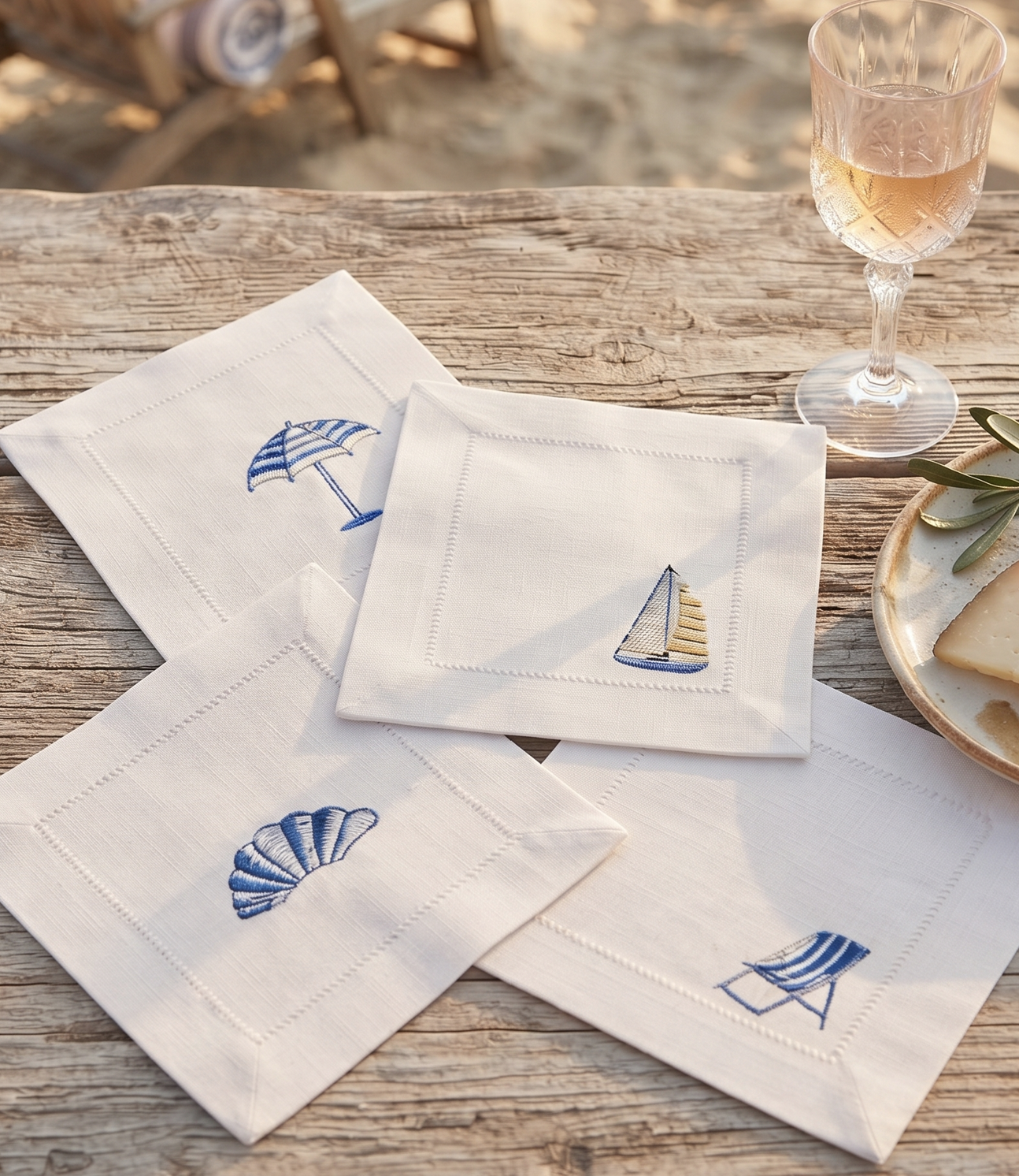 Beach Set-  Embroidered Linen Cocktail Napkins