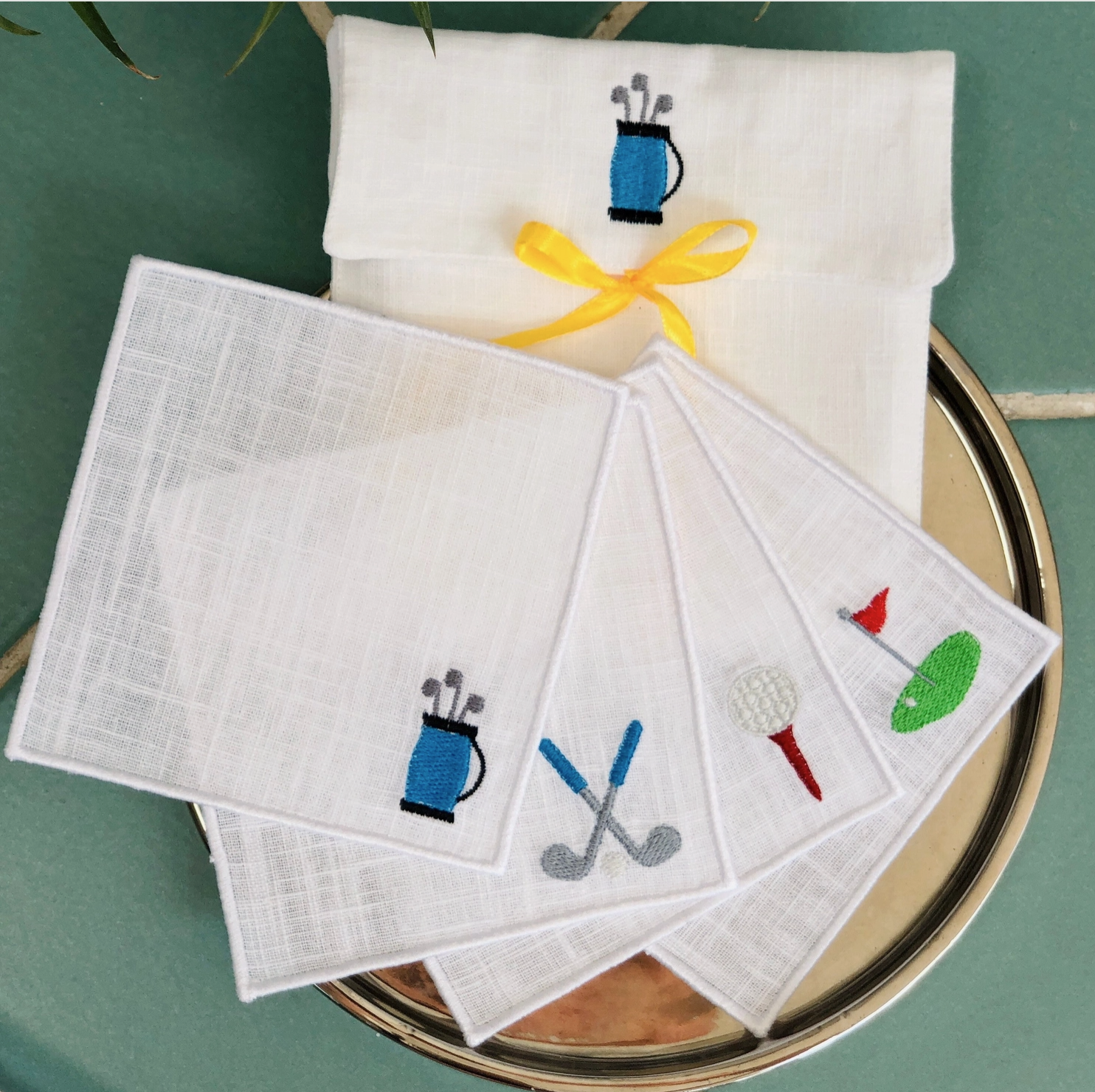 Golfer Gift Embroidered Linen Cocktail Napkins